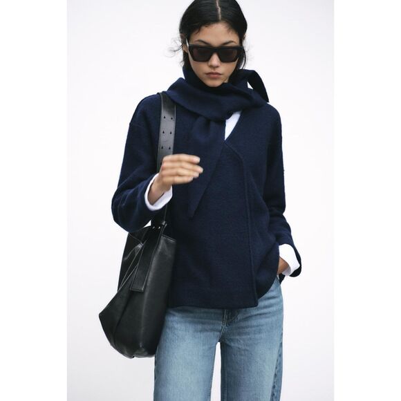 Navy Blue Zara Wool Snap Button Front Scarf Collar Sweater Cardigan Jacket (NWT) - Picture 1 of 7